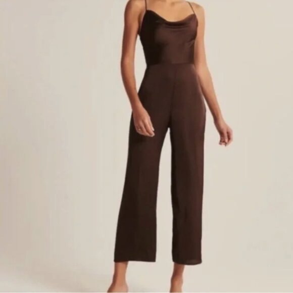 Abercrombie & Fitch Pants - Abercrombie & Fitch Women's Large T Brown Satin Wide Leg Jumpsuit NWT